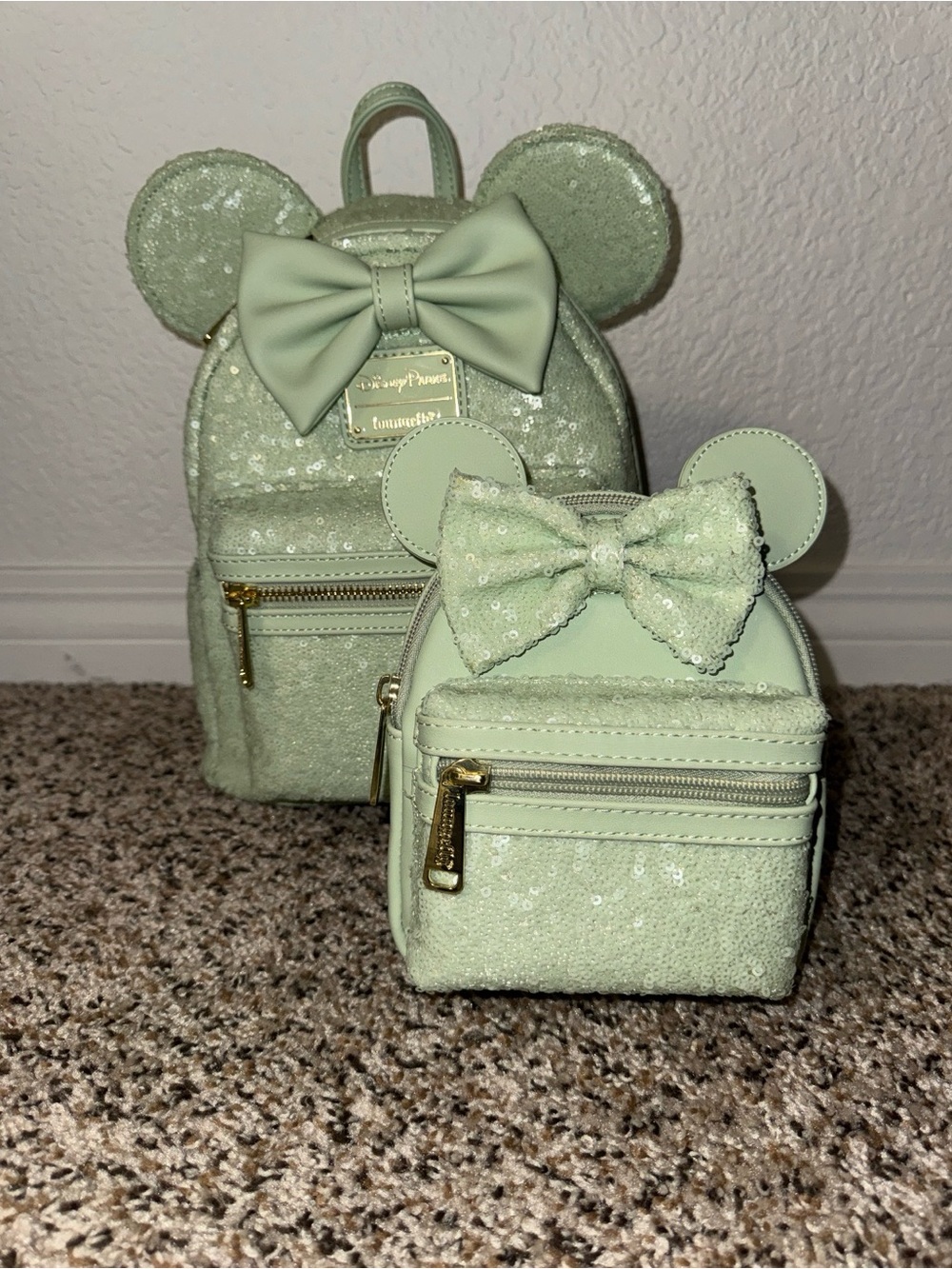 Loungefly Mint Green Sequin Minnie Ear Backpacks With Wristlet Set